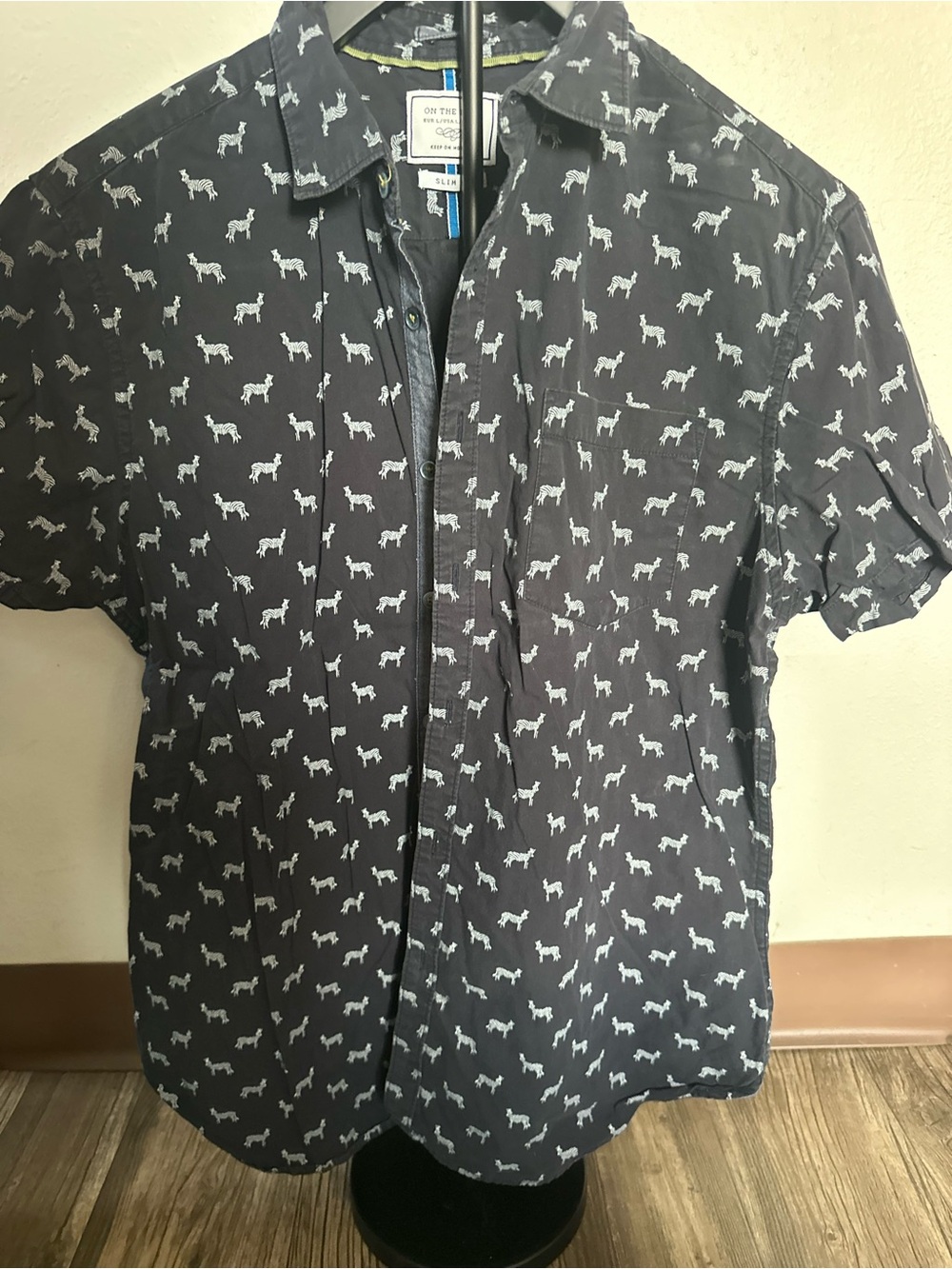 On The Road Navy Short-Sleeve Button-Down with White Dog Print